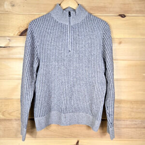 J Crew Rugged Merino Birdseye Sweater Wool Blend Beige Blue 1/4 Zip AF198 Mens M